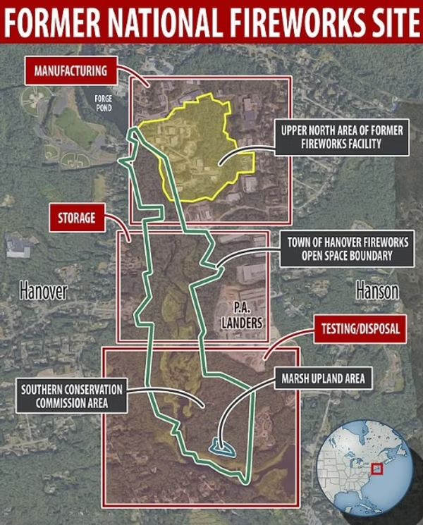 Map of the former national fireworks site in Hanover, Massachusetts